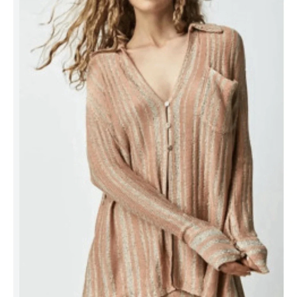 Free People $168 Beach Bash Heavy Knit Sweater Striped Metallic Bohemian Coastal